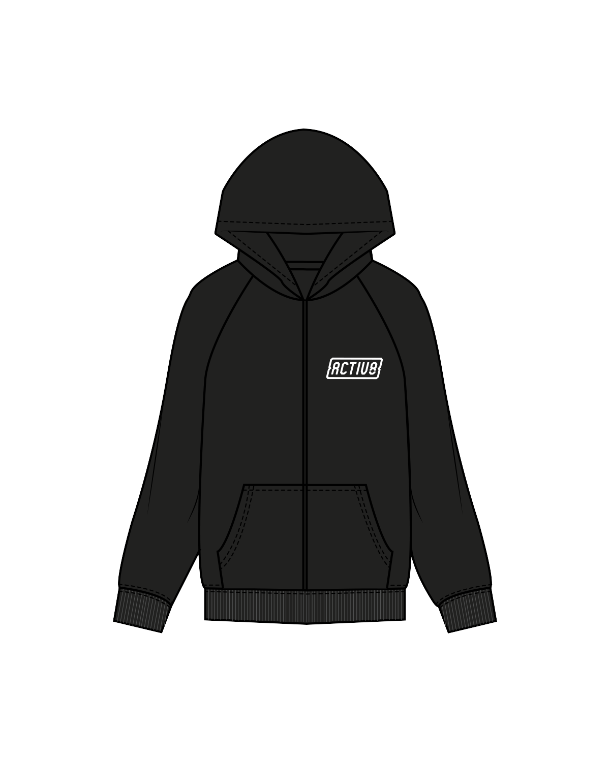 The Mens Zip Hoodie - Black - Activ8 - Left Chest / Back - White